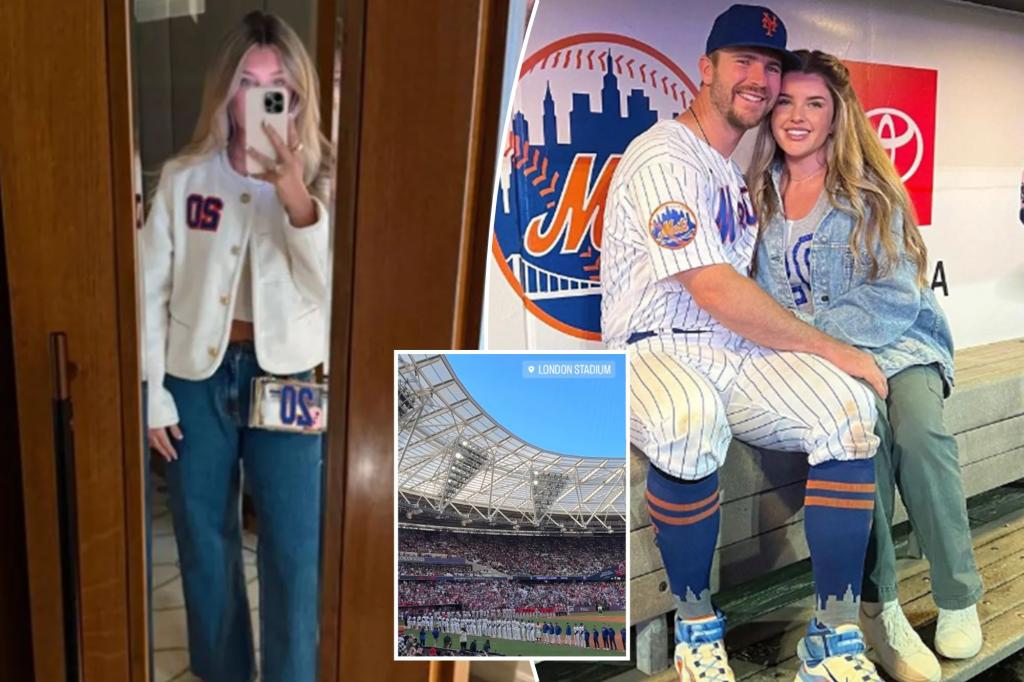 rewrite this title in Arabic Pete Alonso’s wife Haley gives peek at London experience during Mets’ clash vs. Phillies