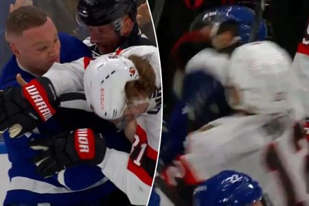 rewrite this title in Arabic Maple Leafs-Senators playoff opener ends with multiple fights