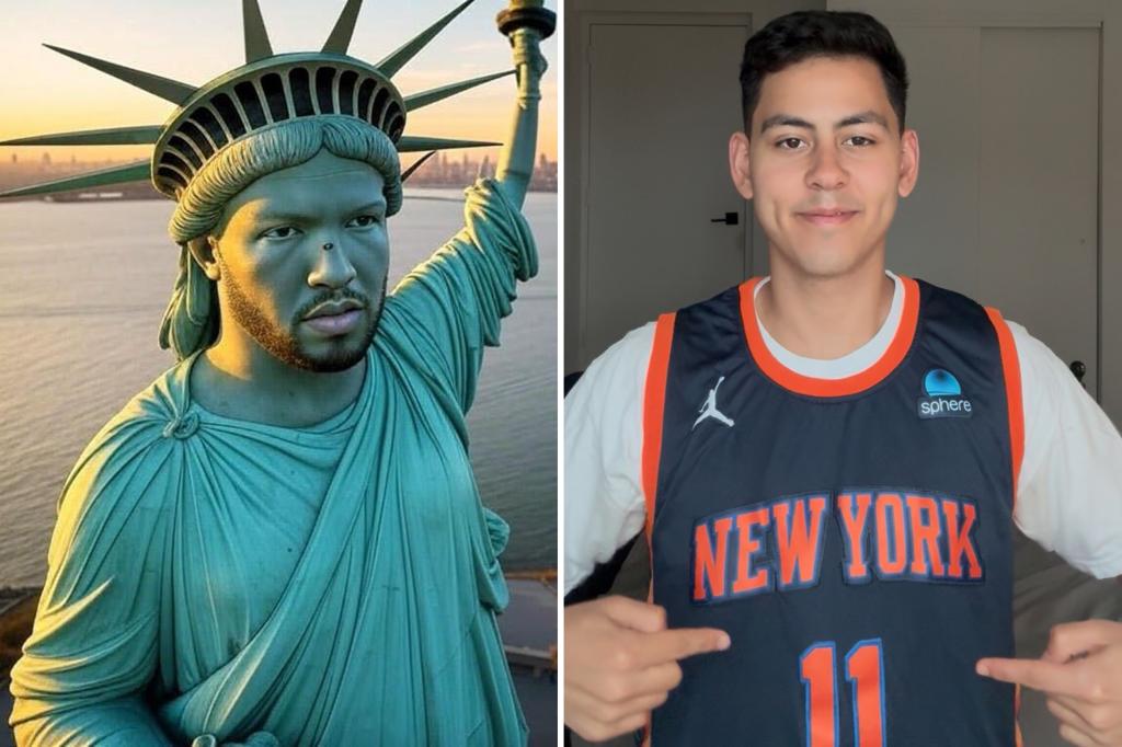 rewrite this title in Arabic Exclusive | Knicks fan petitions to replace Lady Liberty’s face with Jalen Brunson’s