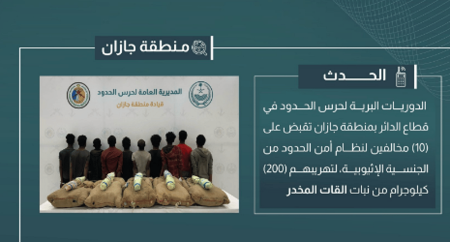 القبض على 10 مخالفين لتهريبهم 200 كيلوجرام من القات المخدر في جازان