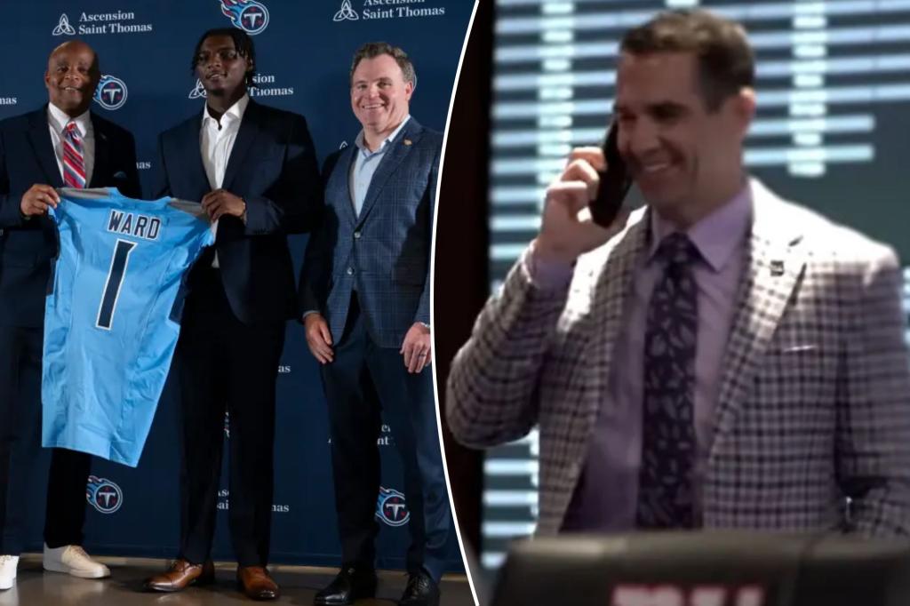 rewrite this title in Arabic Giants took ‘one more swing’ on Cam Ward with last-second NFL draft call to Titans