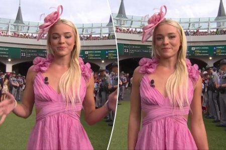 rewrite this title in Arabic Livvy Dunne’s awkward ‘Riders up’ call at Kentucky Oaks goes viral