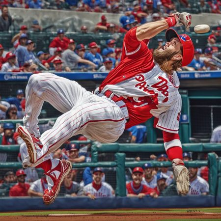 Bryce Harper of the Phillies attempts a daring catch in the dugout and ends up flipping upside down