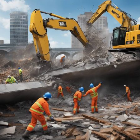 Workers at Bridge Collapse Site Begin Removing Debris Starting with First Piece