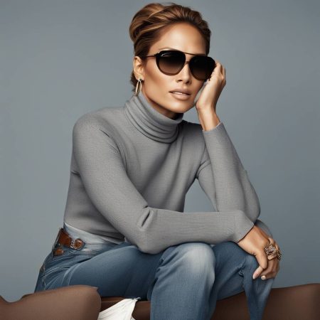 Jennifer Lopez Adds Style to Worn-Out Baggy Jeans with a Chic Turtleneck and Elegant Updo