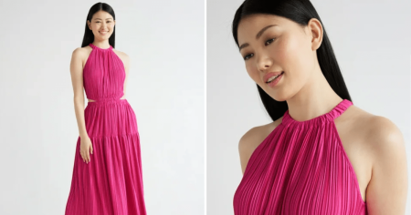 scoop pleated plisse halter maxi dress