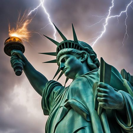 Witness the Statue of Liberty being struck by lightning, with the bolt emerging from her torch