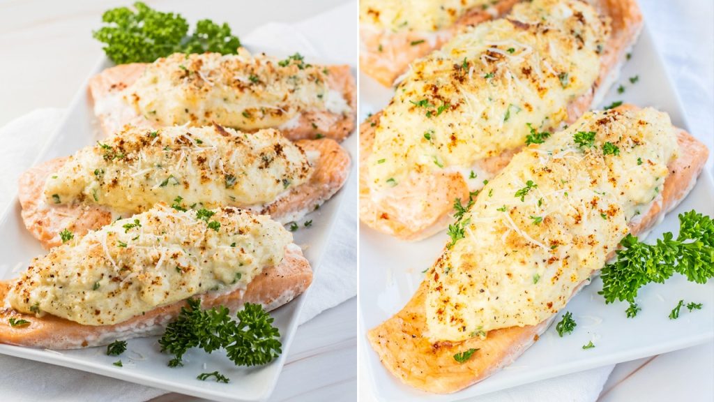 crab stuffed salmon split