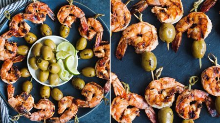 shrimp and olive skewers split