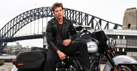 Austin Butler Embraces Bikerider Aesthetic in Leather Jacket and Motorcycle 1