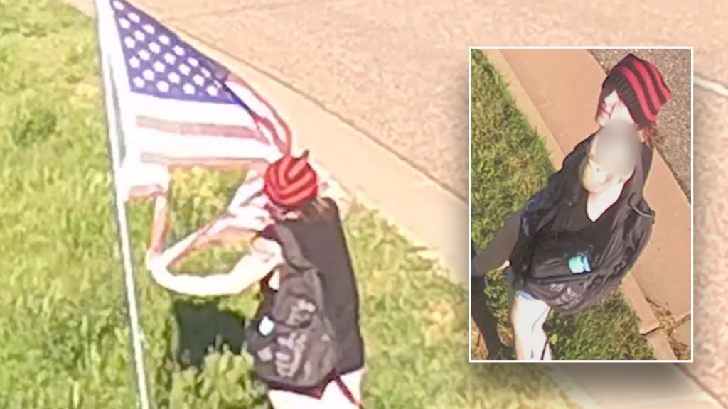 Suspect caught on video ripping up several American flags