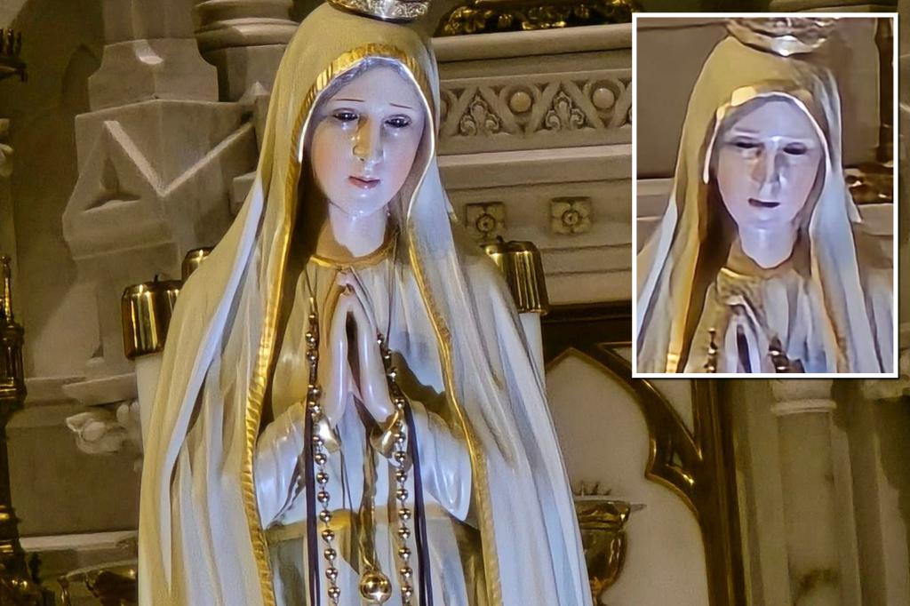 rewrite this title Good heavens! Ohio church-goer says she witnessed ‘miracle’ Virgin Mary statue shut its eyes 000 people reported newspapers time 87366482