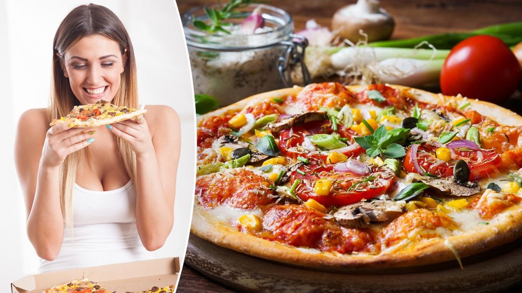 woman enjoying veggie pizza split veggie pizza 1