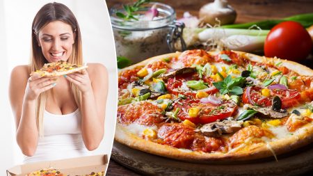 woman enjoying veggie pizza split veggie pizza 1