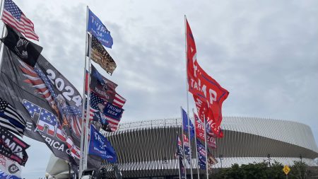 Trump flags outside rally in Uniondale NY Sept. 18 2024 scaled