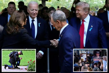 trump harris 911 memorial shake hands comp