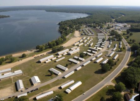 photo shows aerial view camp 90902846