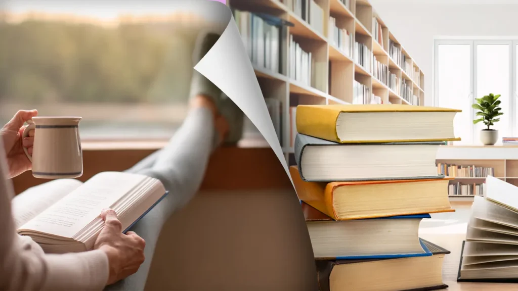 person reading stack library books