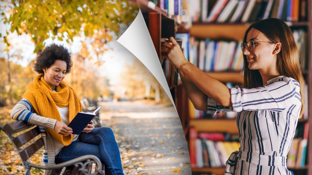 woman reading park library