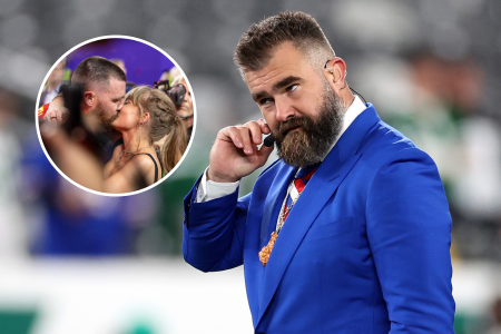 jason kelce blue suit taylor travis kiss