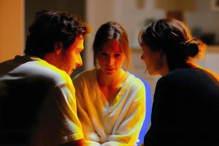 three people sitting together dimly 109606312