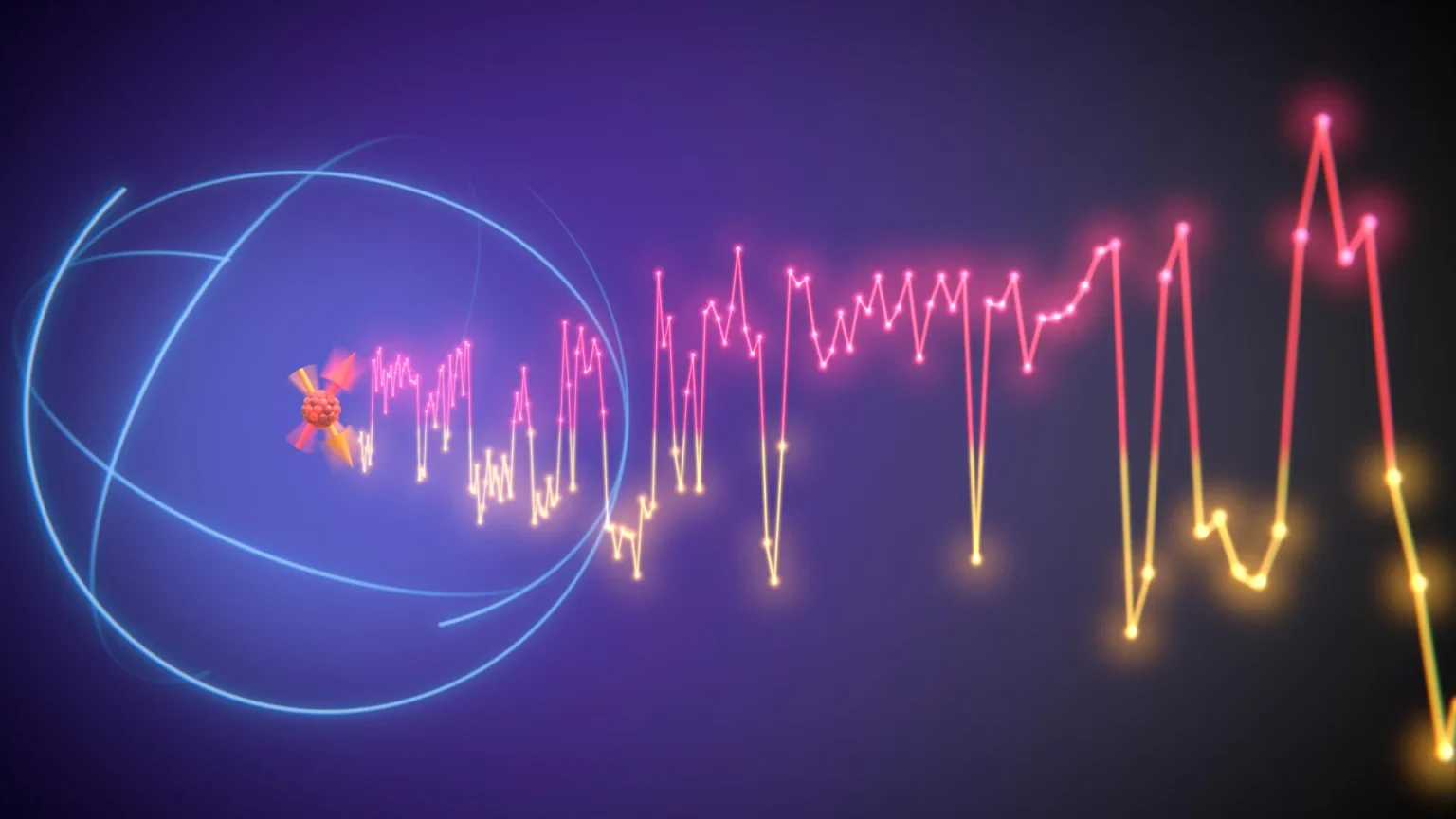 atom nuclear spin flipping between distinct quantum states.webp