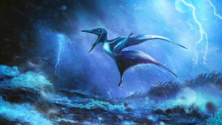 hatchling pterosaur caught in storm.webp